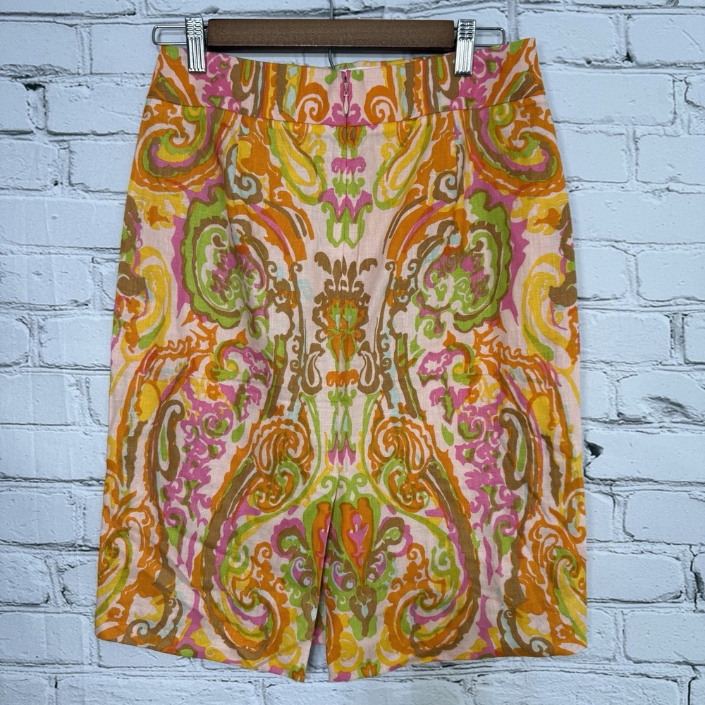 J. Crew Women's Pencil Skirt Size 2 100%‎ Linen Paisley Colorful Zip 95379 Y2K - Picture 2 of 11